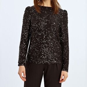 Lili Sidonio Sequin Long Sleeve Black Blouse Size Small Party NYE
